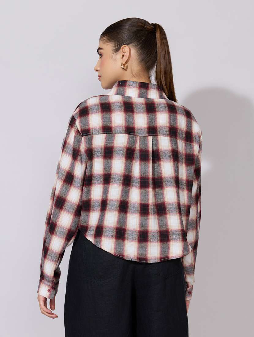 women checkered collared long sleeve crop shirt - 22381111 -  Standard Image - 4