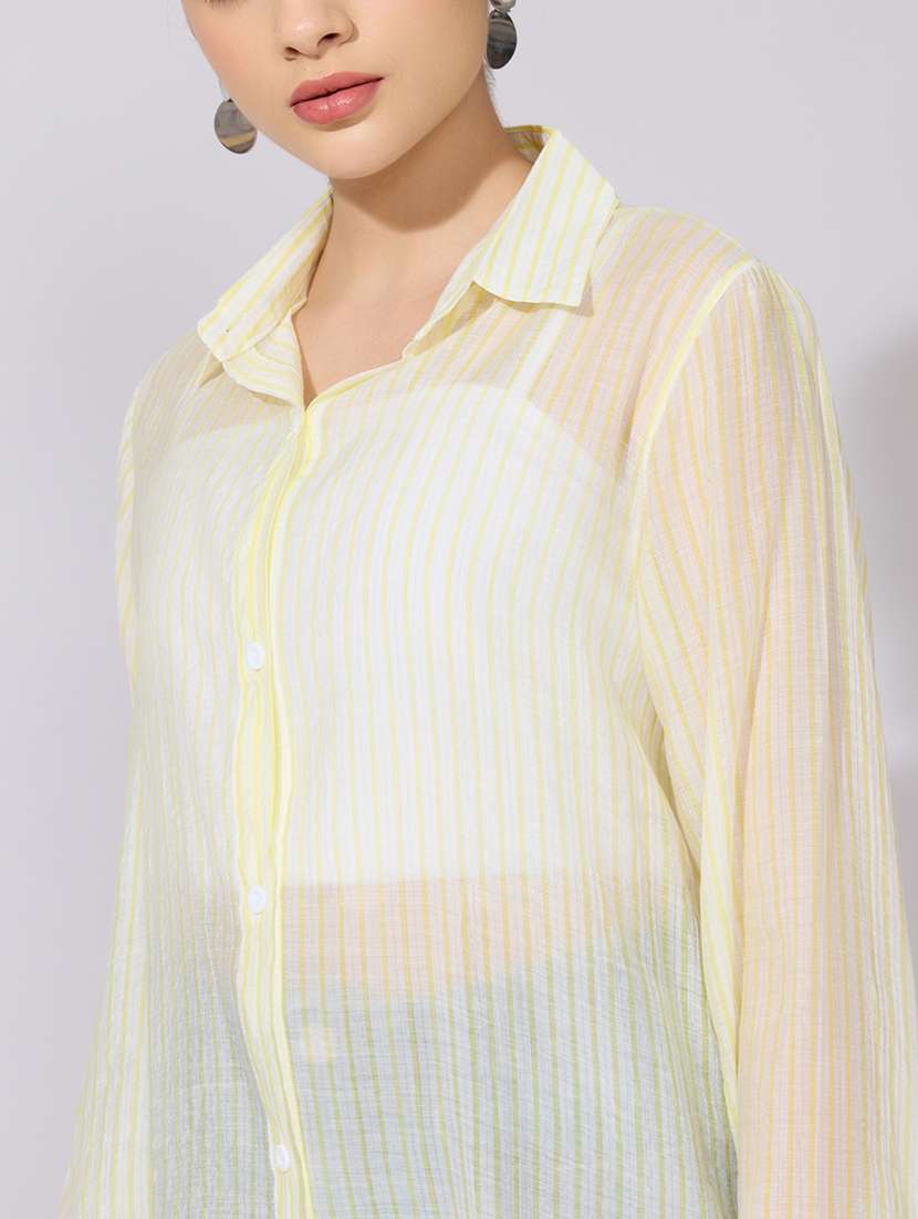 women striped collared long sleeve sheer shirt - 22381115 -  Standard Image - 1