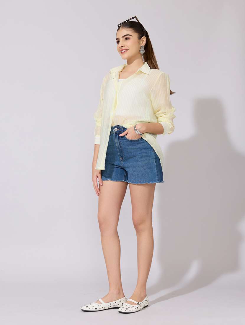 women striped collared long sleeve sheer shirt - 22381115 -  Standard Image - 6