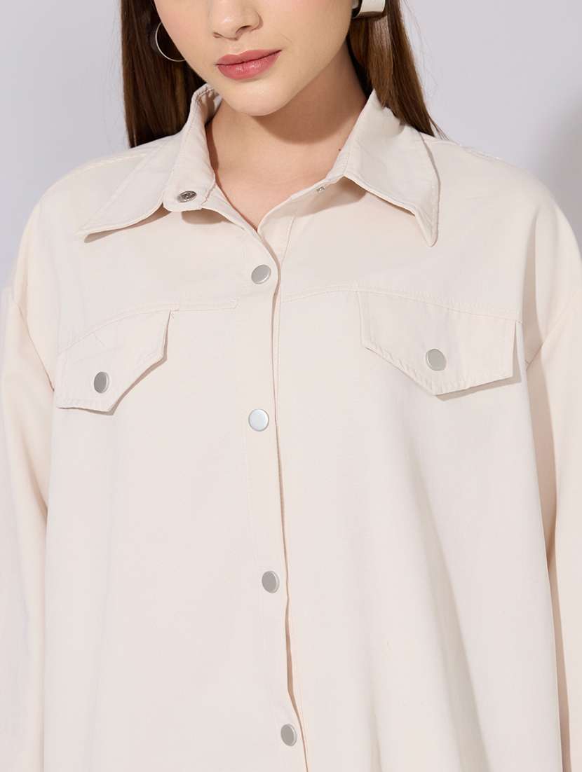 Women Solid Collared Long Sleeve Oversized Shirt - 22381116 -  Standard Image - 1