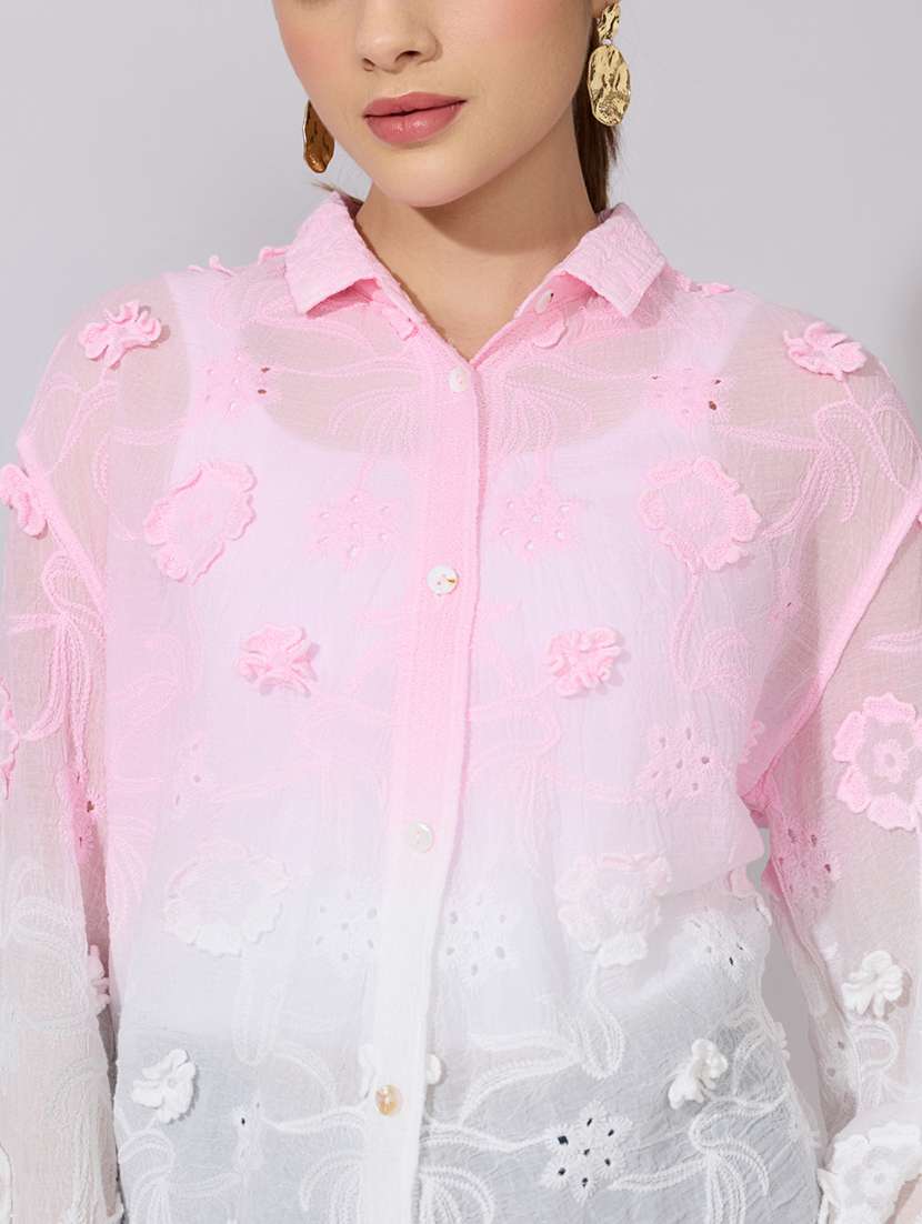 women embroidered collared long sleeve sheer shirt - 22381118 -  Standard Image - 1