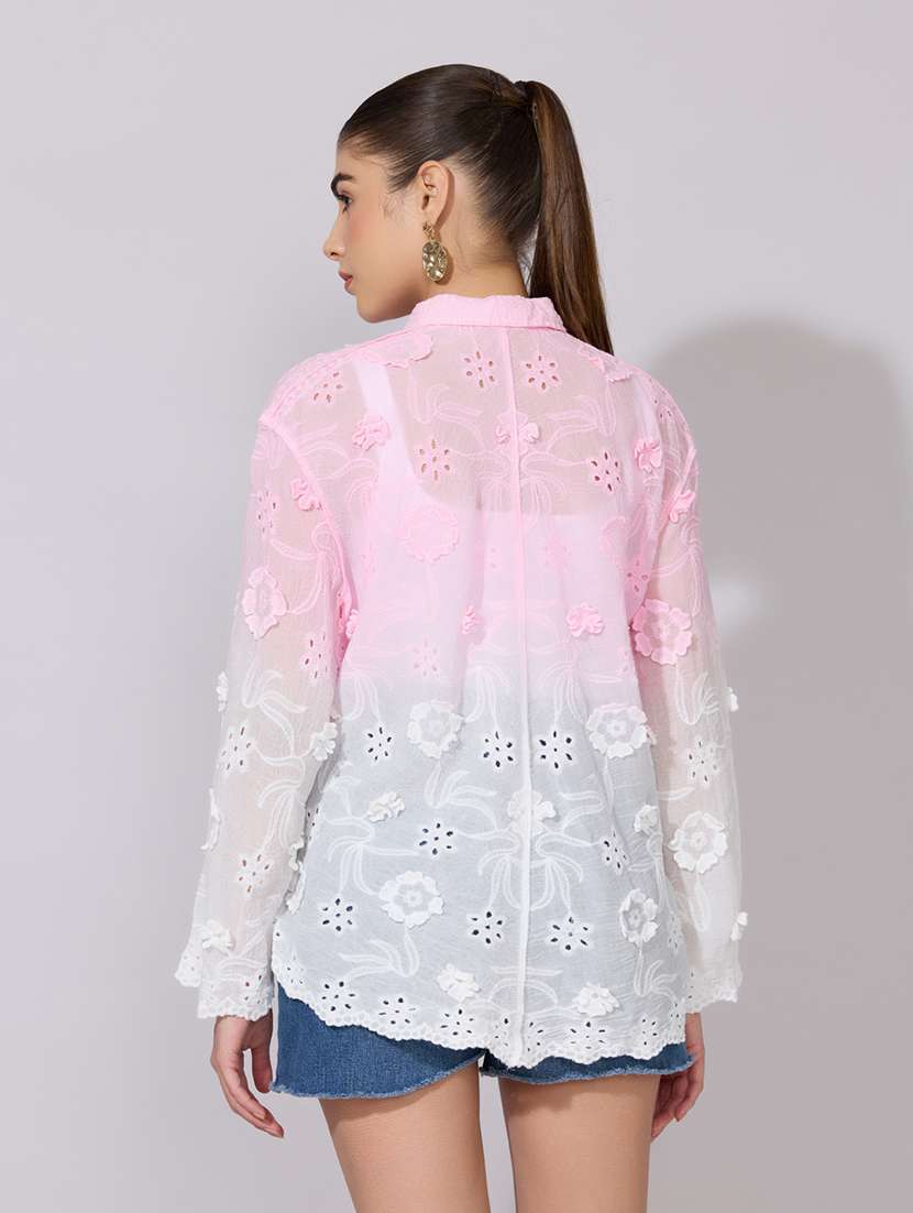 women embroidered collared long sleeve sheer shirt - 22381118 -  Standard Image - 4