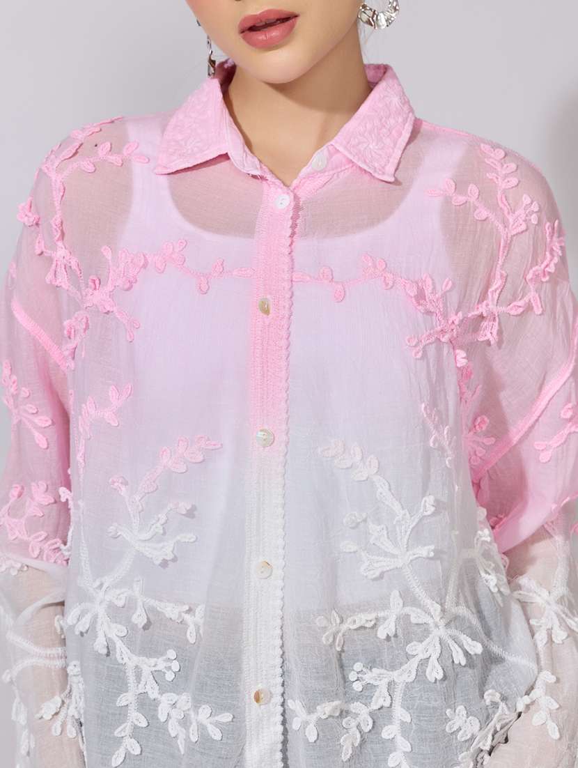 women embroidered collared long sleeve sheer shirt - 22381119 -  Standard Image - 1