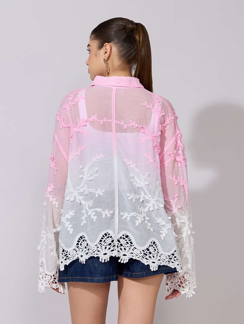 women embroidered collared long sleeve sheer shirt - 22381119 -  Standard Image - 4