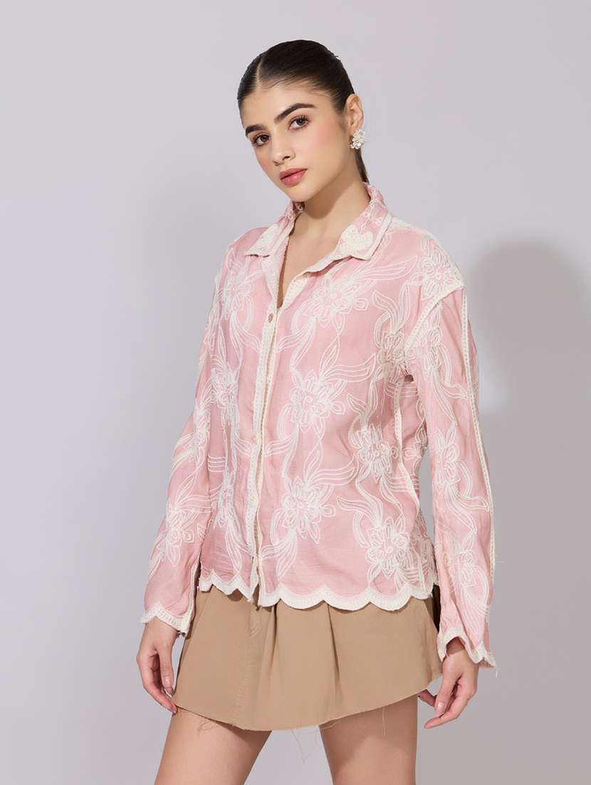 women embroidered collared long sleeve sheer shirt - 22381120 -  Standard Image - 4