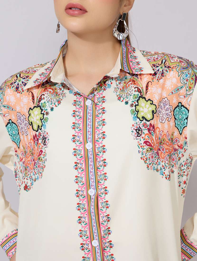 women printed collared long sleeve oversized shirt - 22381123 -  Standard Image - 1