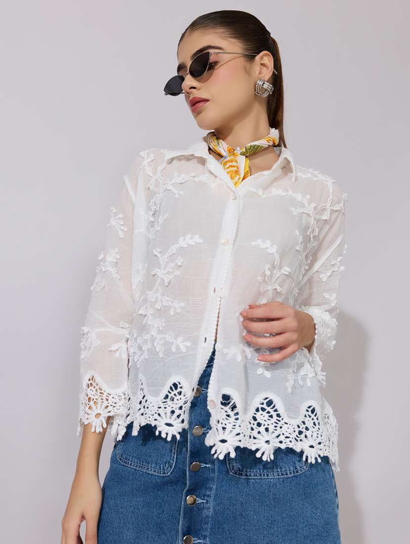women embroidered collared long sleeve shirt