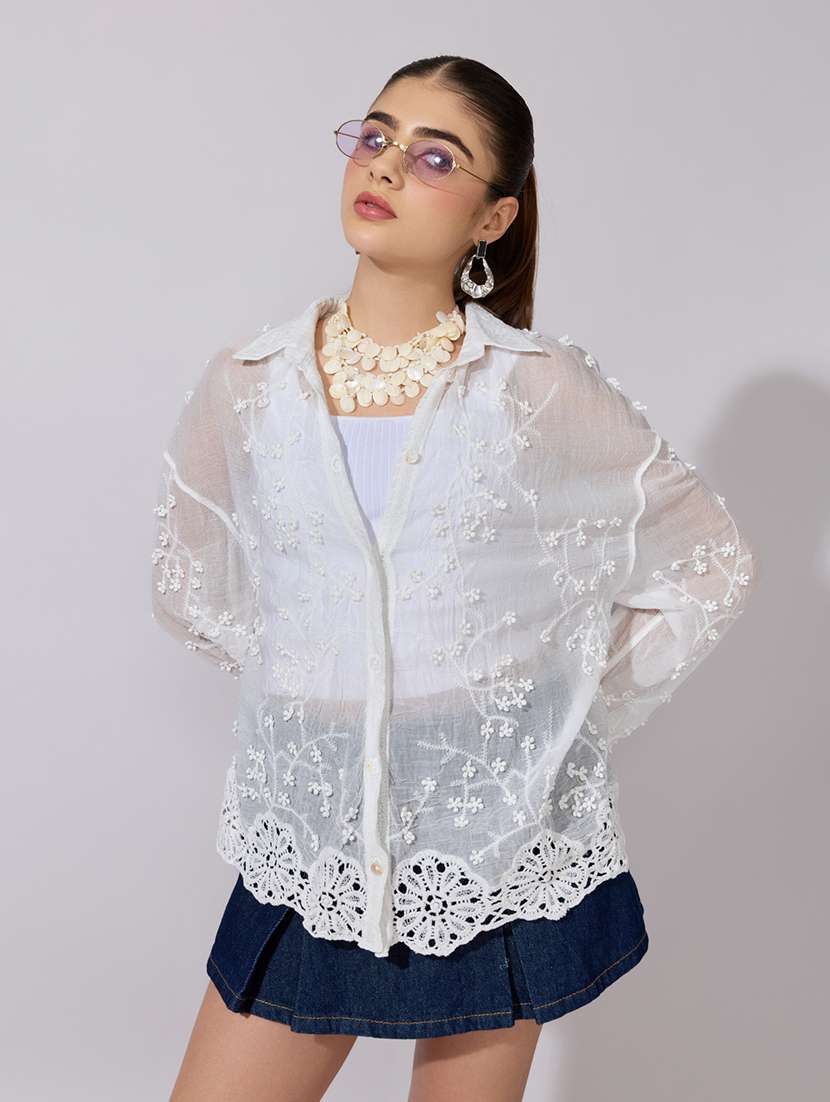 women embroidered collared long sleeve shirt