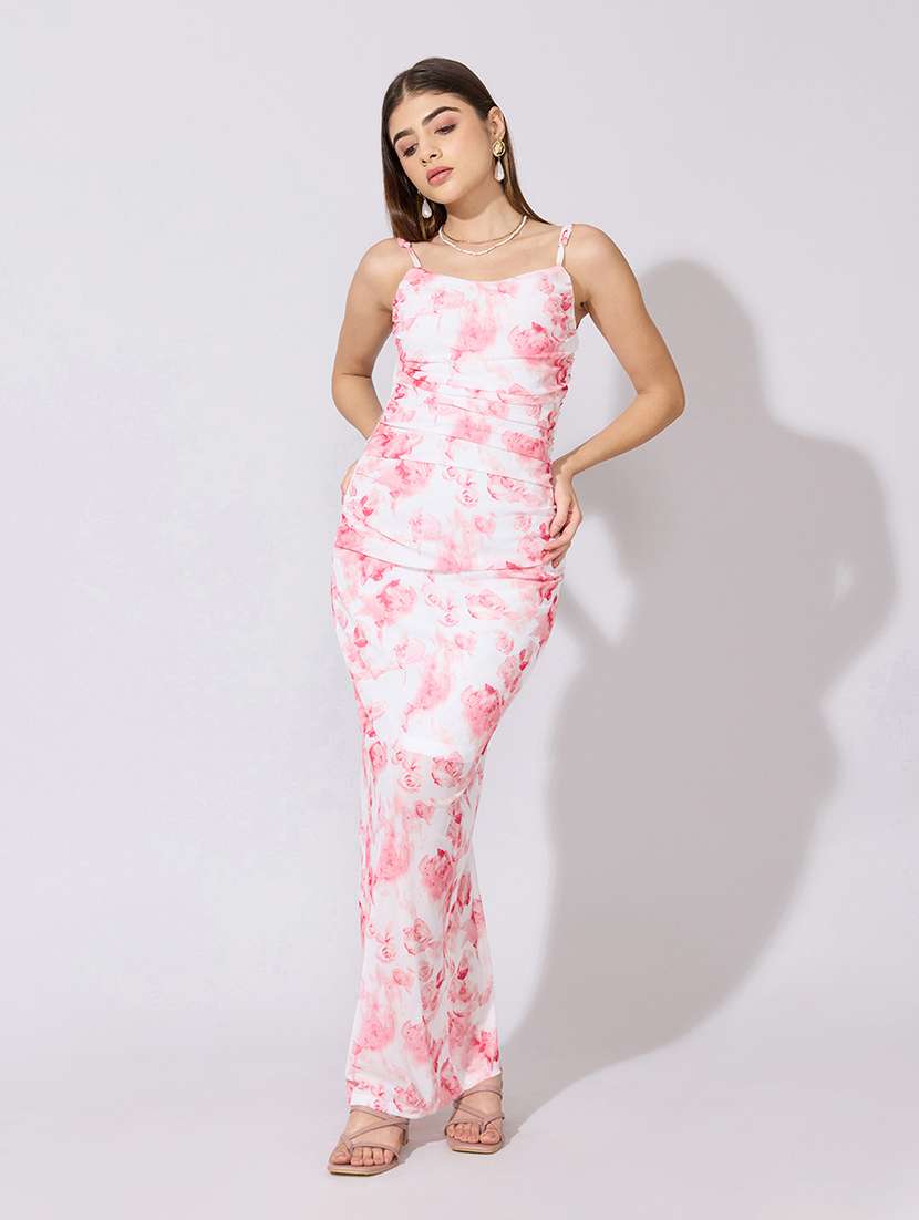 women floral print shoulder strap ruched dress