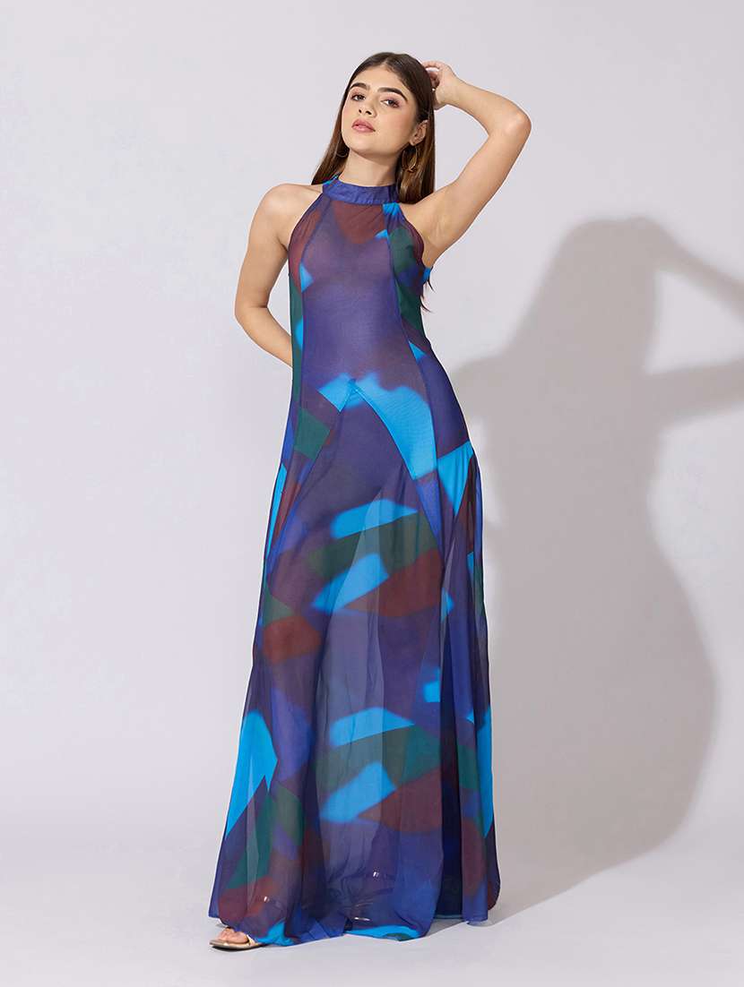 women printed halter neck fit & flare dress