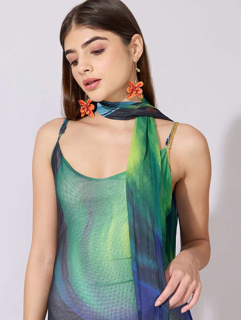 women printed shoulder strap mesh dress  with neck tie - 22381151 -  Standard Image - 1