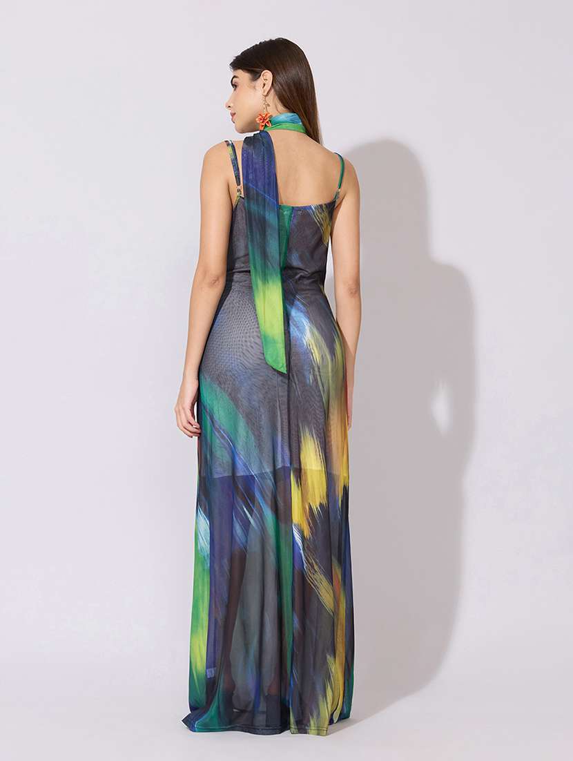 women printed shoulder strap mesh dress  with neck tie - 22381151 -  Standard Image - 4