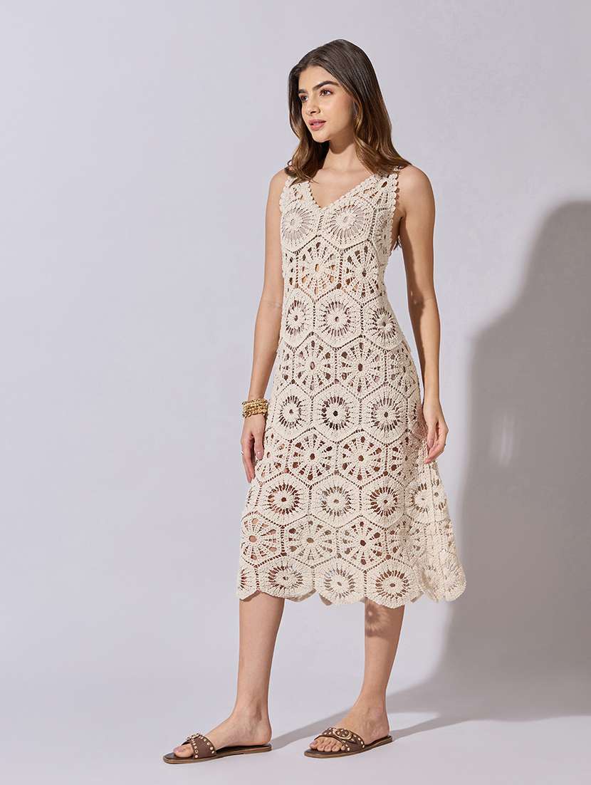 women self designed sleeveless crochet a-line dress - 22381178 -  Standard Image - 4