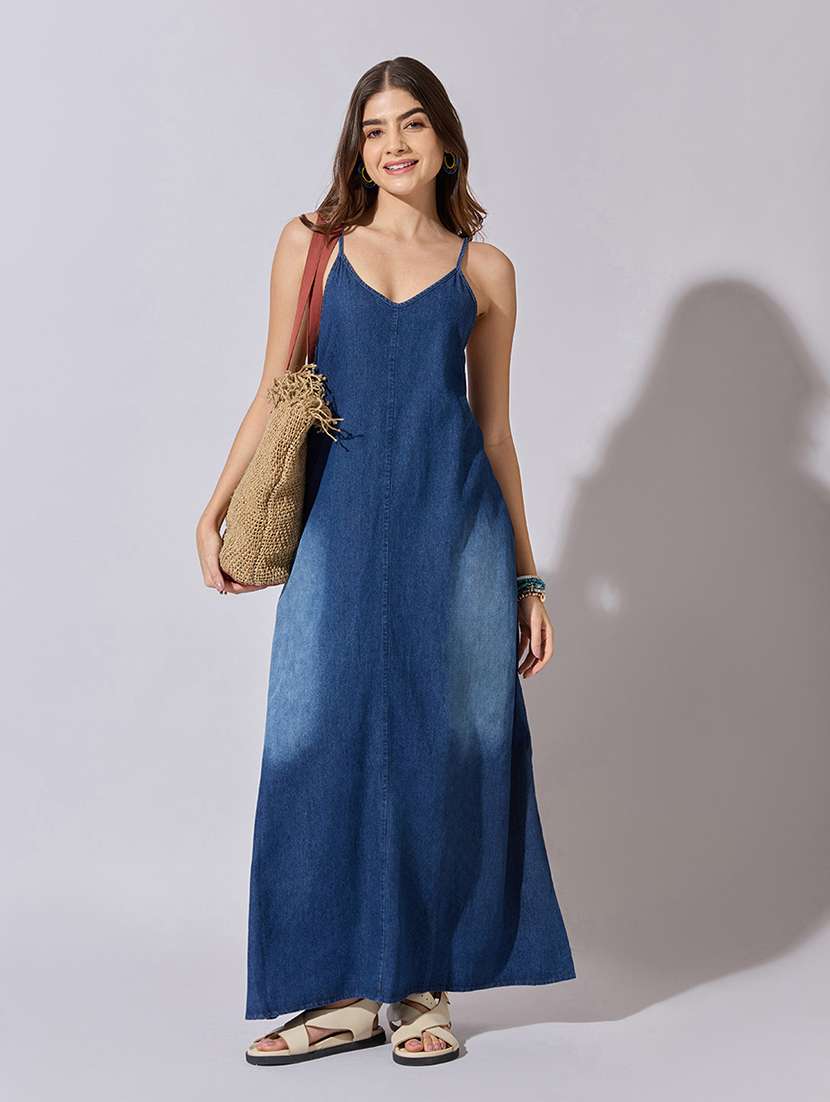 women solid shoulder strap denim a-line dress