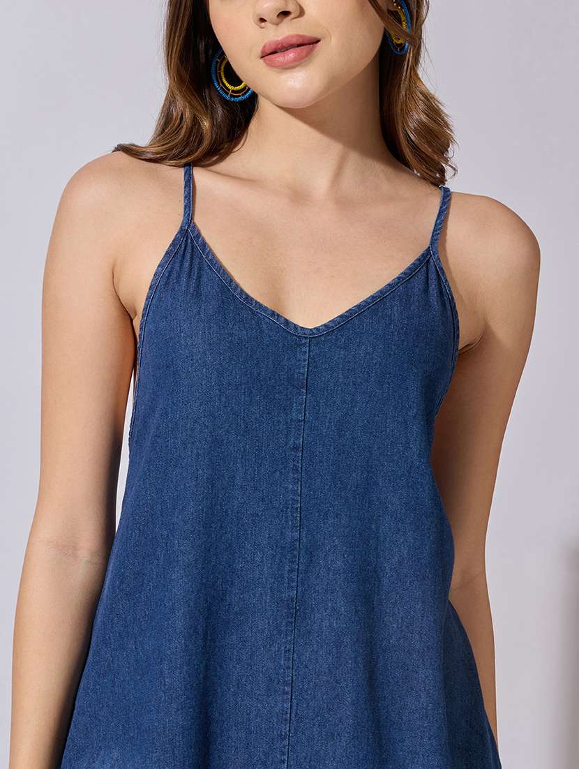 women solid shoulder strap denim a-line dress - 22381191 -  Standard Image - 1