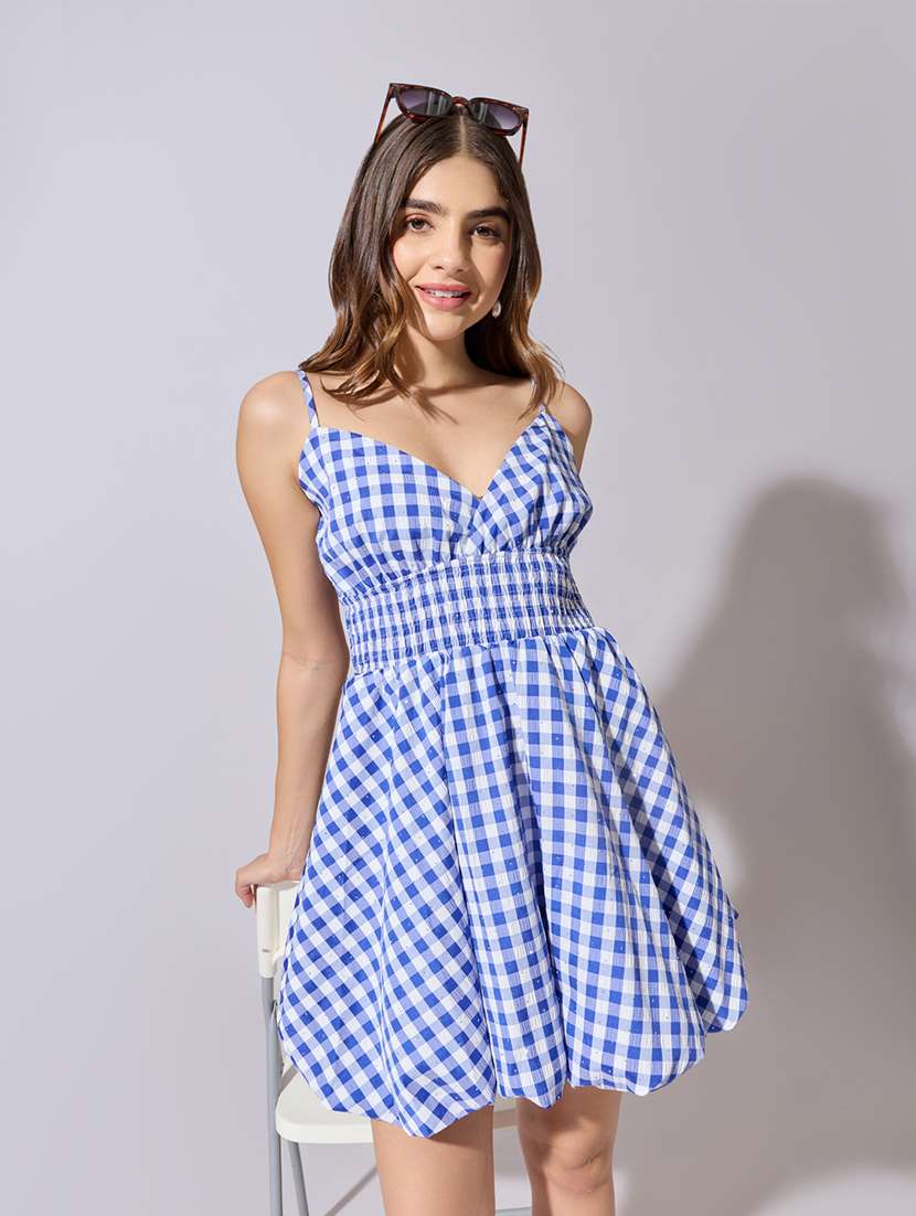 women checkered shoulder strap ballon dress