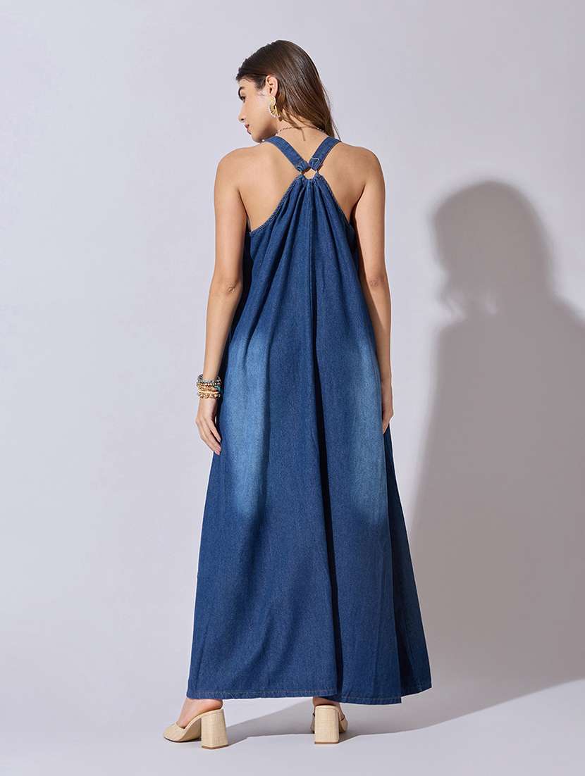 women solid shoulder strap denim a-line dress - 22381202 -  Standard Image - 4