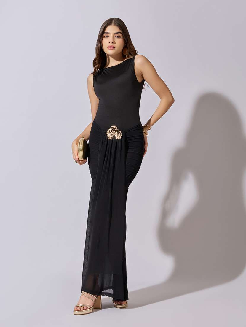 women solid sleeveless ruched with mesh detailed dres - 22381207 -  Standard Image - 6