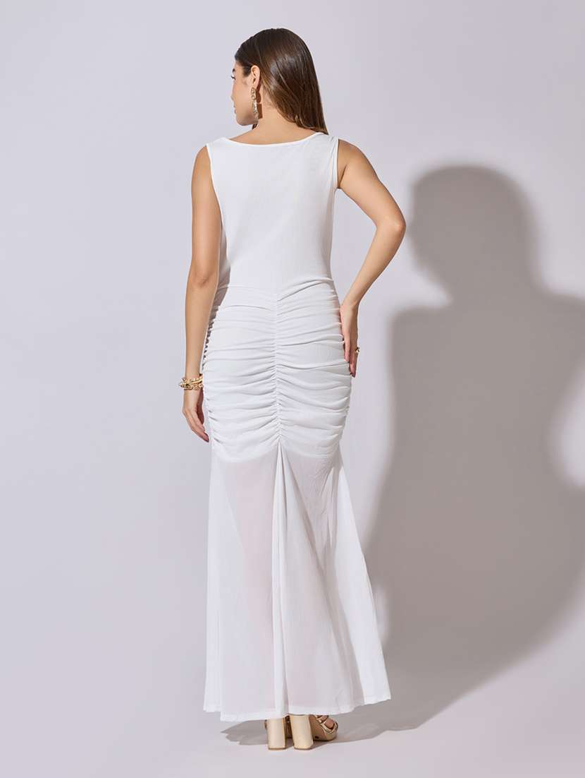 women solid sleeveless ruched with mesh detailed dress - 22381208 -  Standard Image - 4