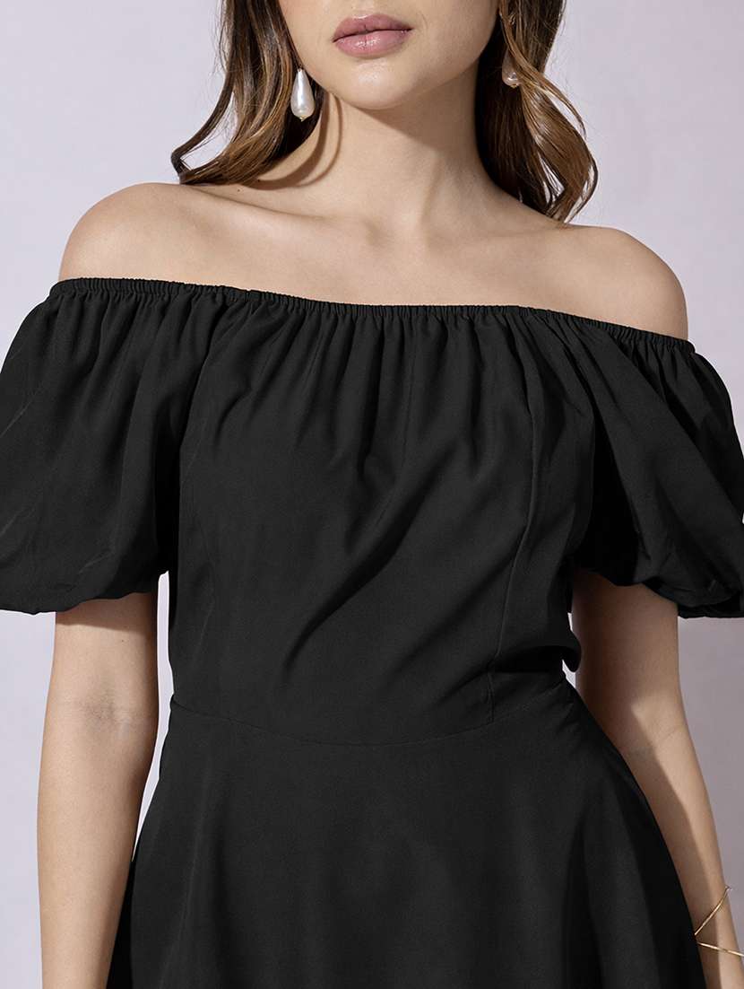 women solid off shoulder back tie fit & flare dress - 22381213 -  Standard Image - 1