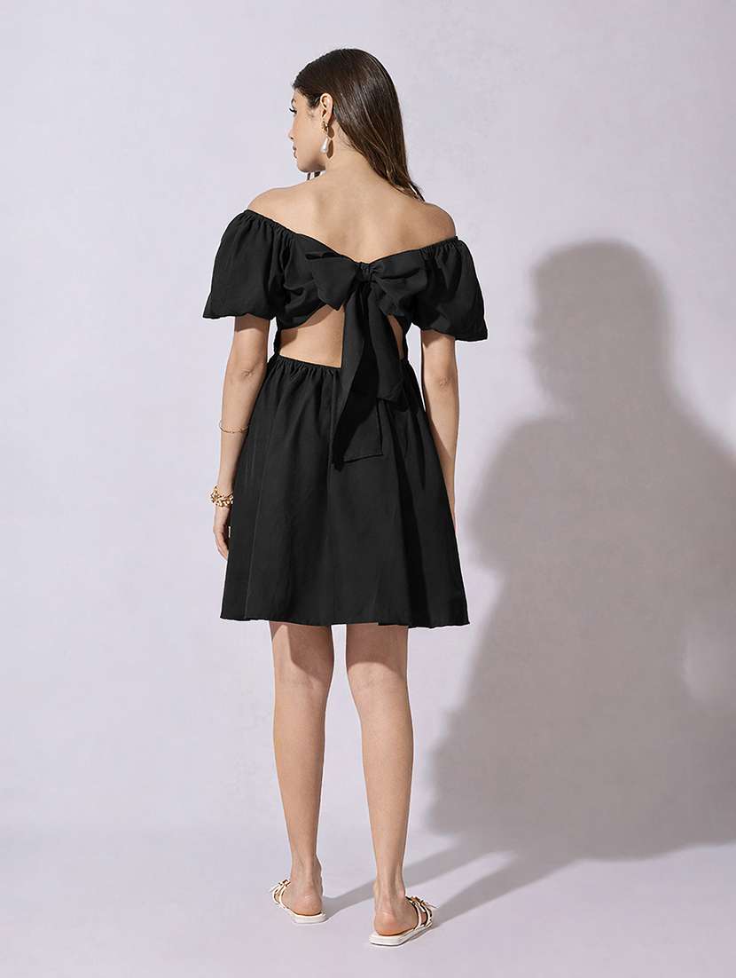 women solid off shoulder back tie fit & flare dress - 22381213 -  Standard Image - 4