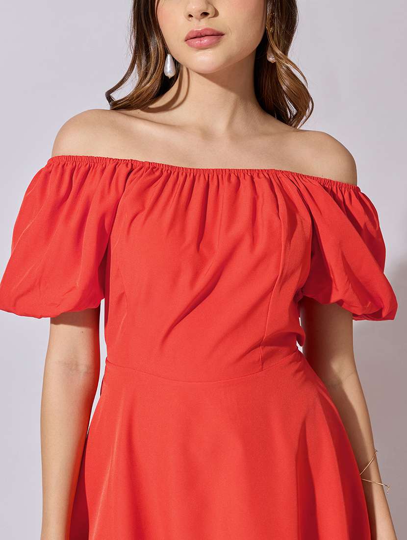 women solid off shoulder back tie fit & flare dress - 22381215 -  Standard Image - 1