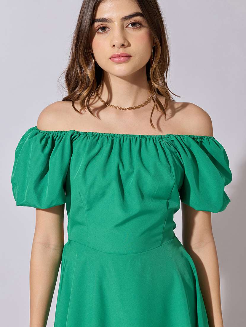 women solid off shoulder back tie fit & flare dress - 22381216 -  Standard Image - 1