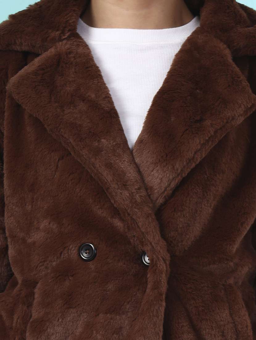 women solid long sleeve fur coat - 22381282 -  Standard Image - 1