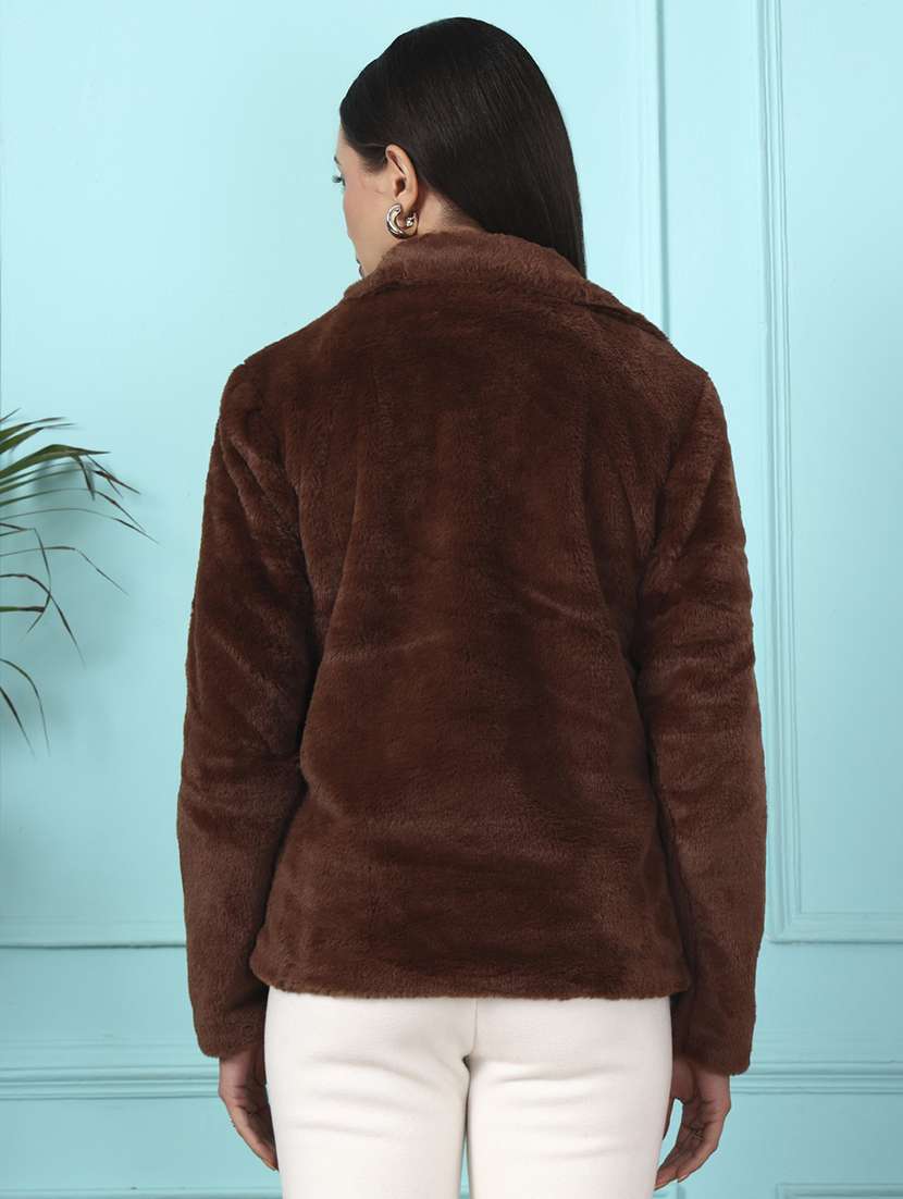 women solid long sleeve fur coat - 22381282 -  Standard Image - 4