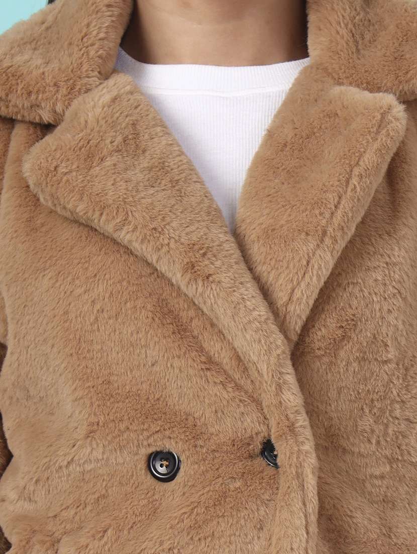 women solid lapel collar long sleeve fur coat - 22381285 -  Standard Image - 1