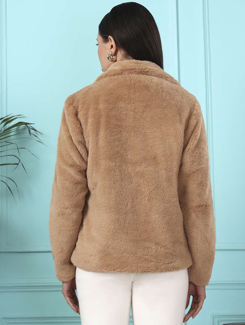 women solid lapel collar long sleeve fur coat - 22381285 -  Standard Image - 4