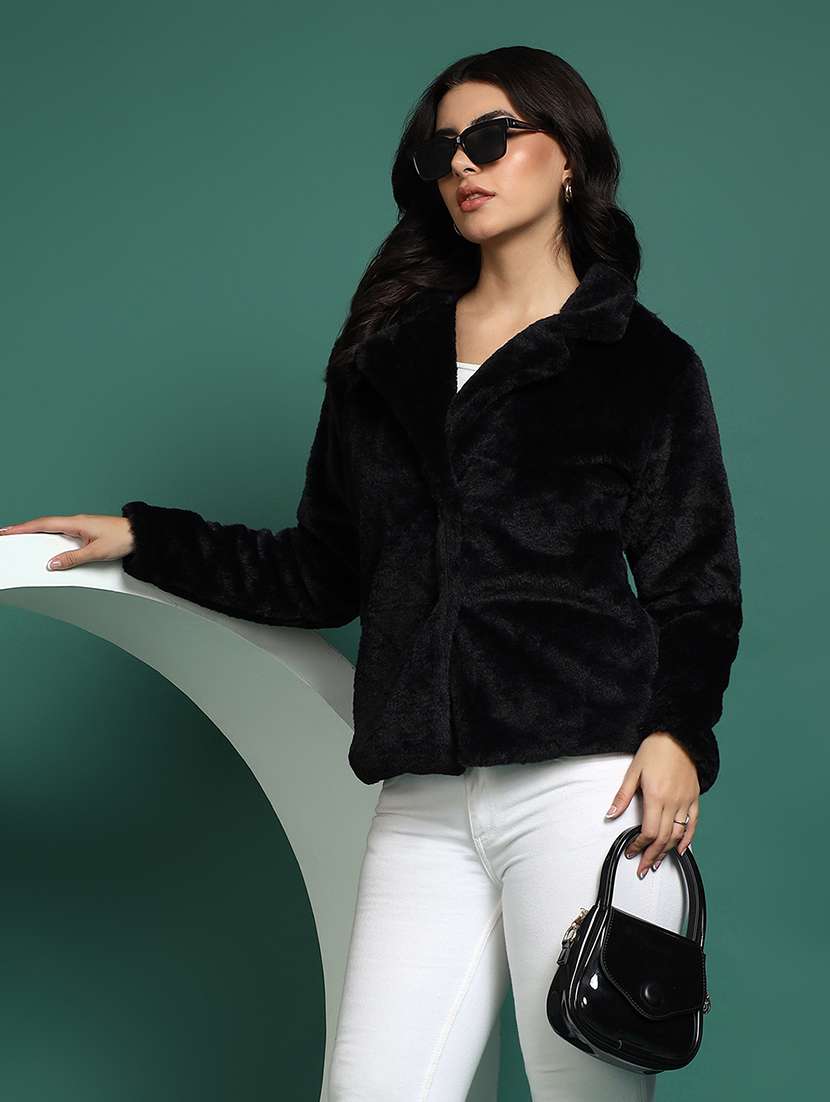 women solid lapel collar long sleeve fur coat - 22381288 -  Standard Image - 4
