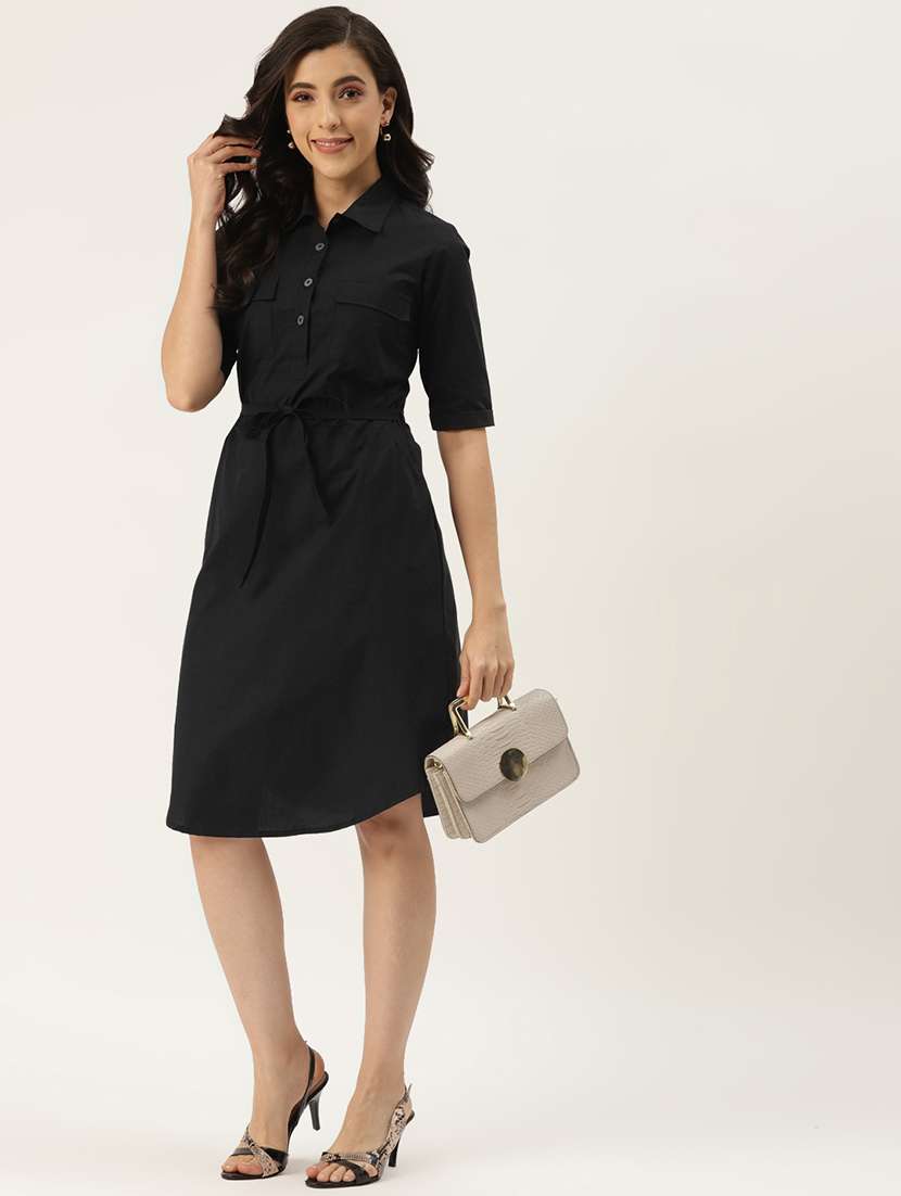 women solid three quarter sleeve a-line dress