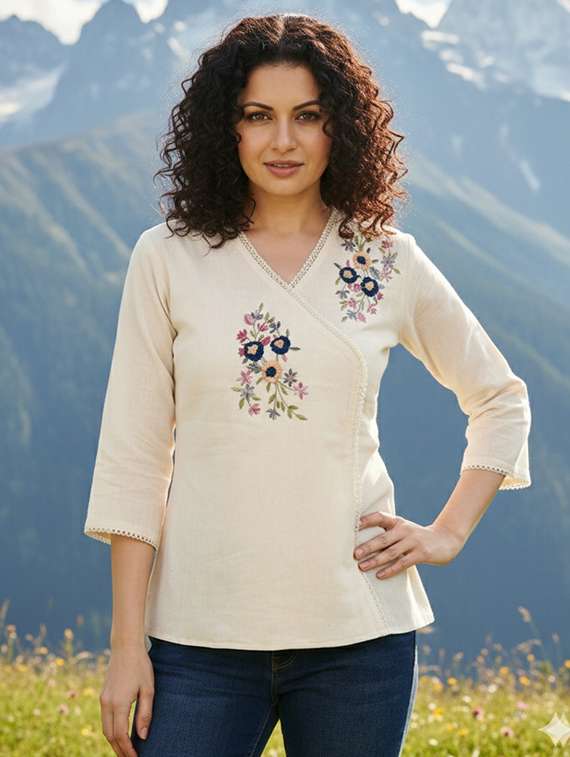 women embroidered three quarter sleeve top