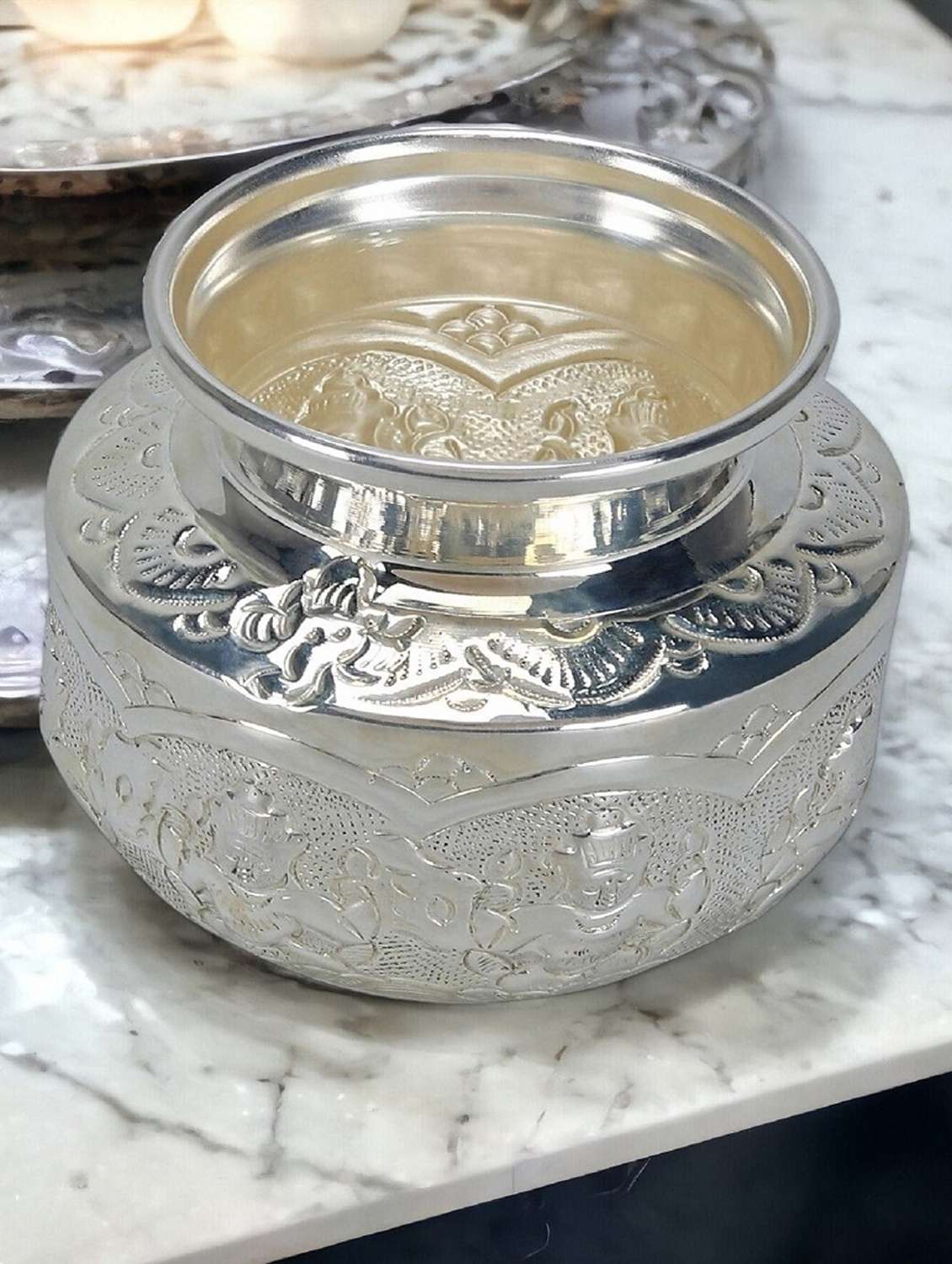 german silver embossed home decor pot