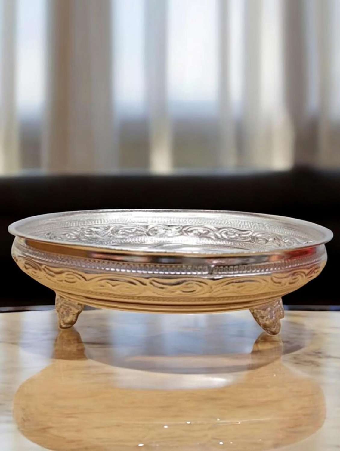  sigaram german silver 6 inch floral design plate with stand for home pooja decore k4492