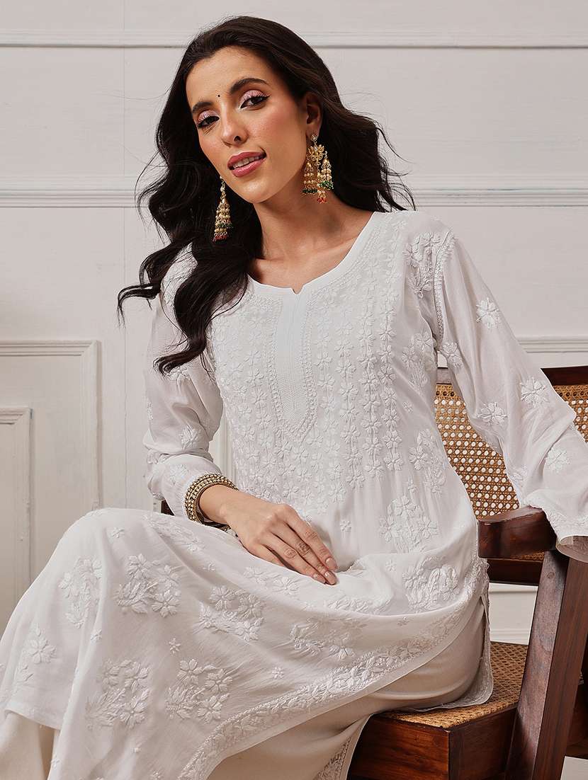 women chikankari three quarter sleeve straight kurta - 22381623 -  Standard Image - 1