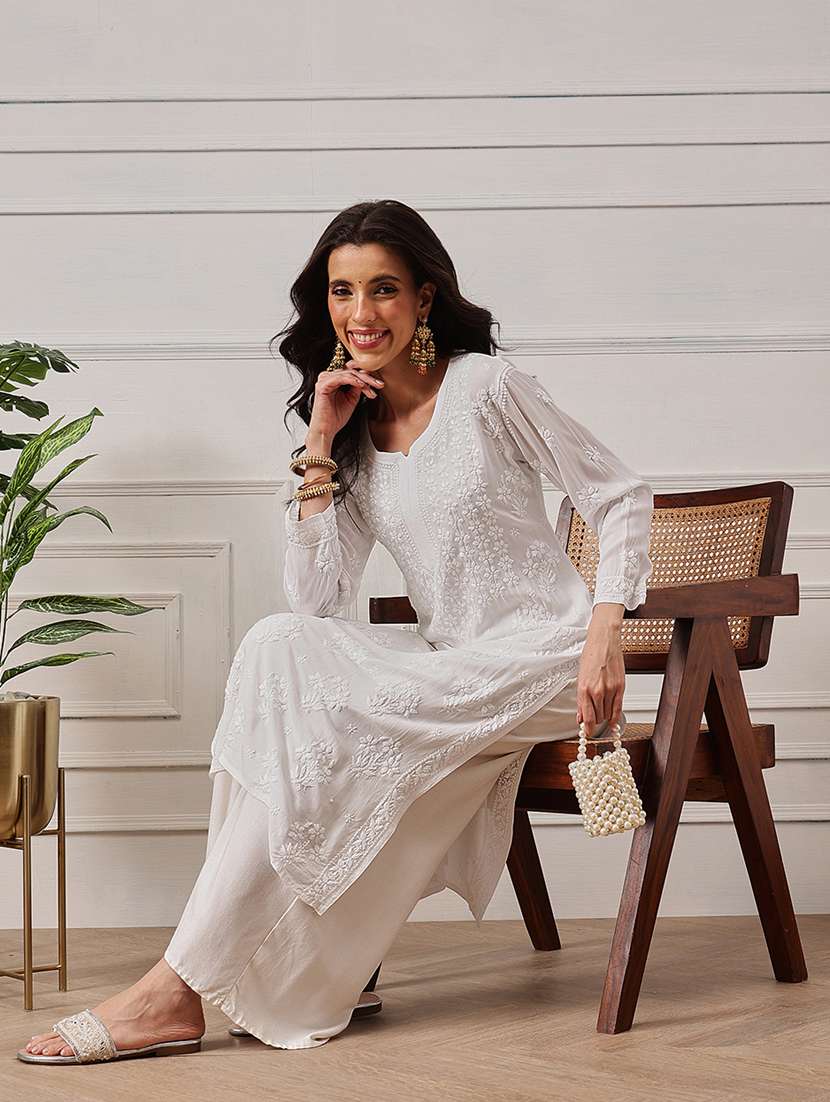 women chikankari three quarter sleeve straight kurta - 22381623 -  Standard Image - 4