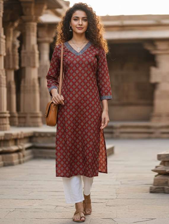 women printed three quarter sleeve straight kurta
