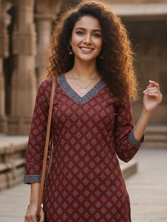 women printed three quarter sleeve straight kurta - 22381643 -  Standard Image - 1