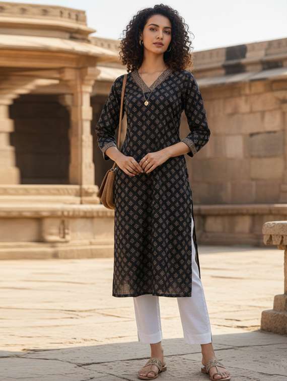 women printed three quarter sleeve straight kurta