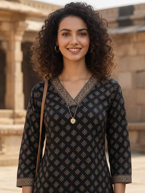 women printed three quarter sleeve straight kurta - 22381644 -  Standard Image - 1