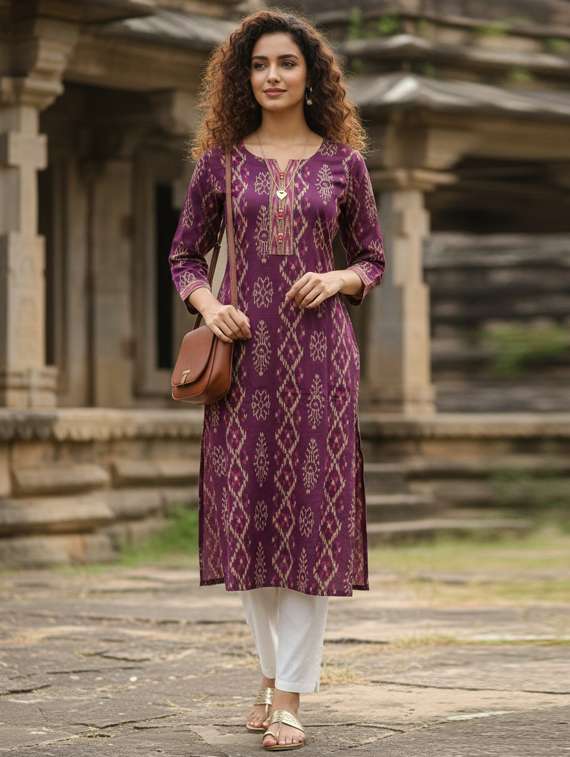 women printed three quarter sleeve straight kurta