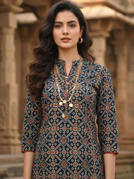 women printed three quarter sleeve straight kurta - 22381647 -  Standard Image - 1
