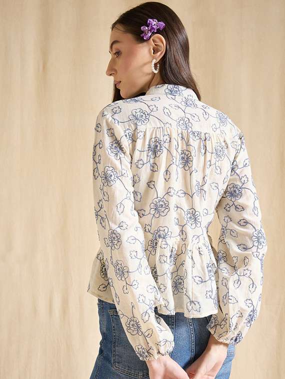 women printed bishop sleeve peplum top - 22381678 -  Standard Image - 4