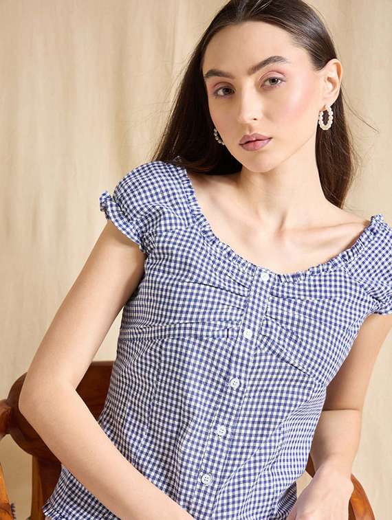 women checkered cap sleeve straight top - 22381682 -  Standard Image - 1