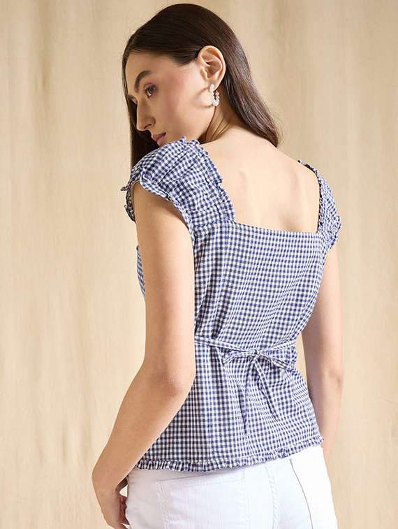 women checkered cap sleeve straight top - 22381682 -  Standard Image - 4