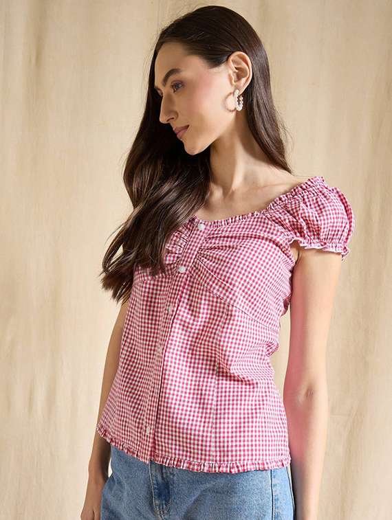 women checkered cap sleeve straight top - 22381683 -  Standard Image - 1