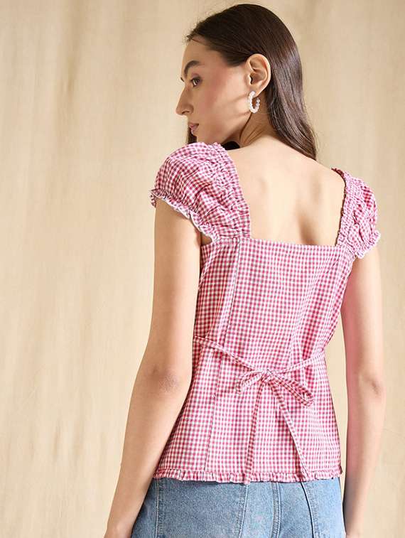 women checkered cap sleeve straight top - 22381683 -  Standard Image - 4