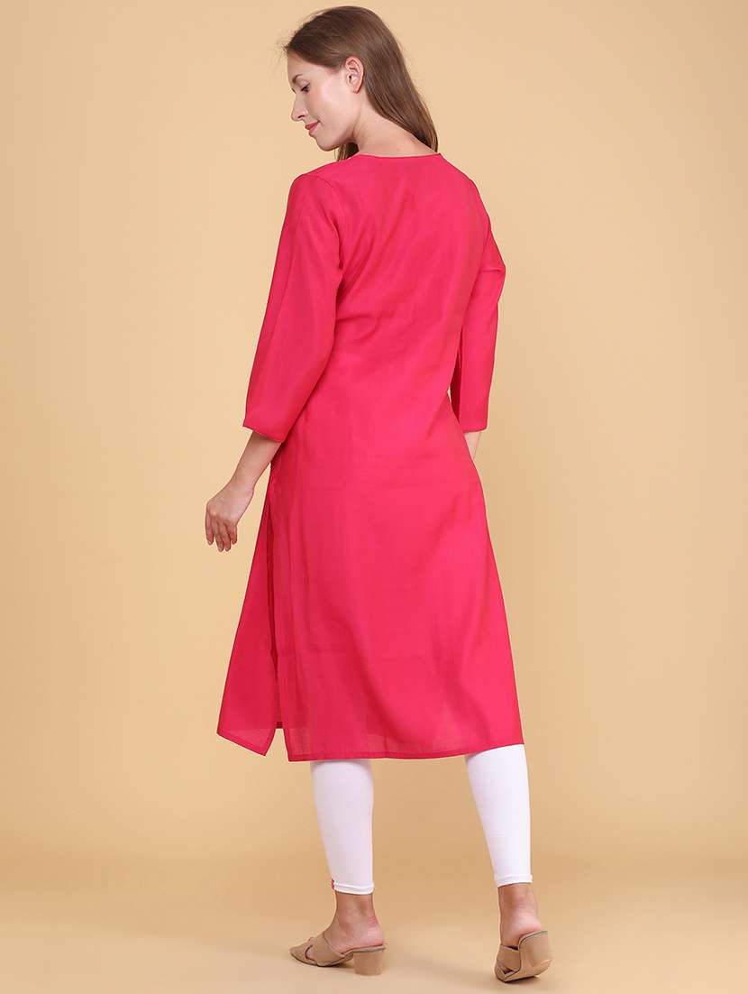 Women Embroidered Three Quarter Sleeves Straight Kurta - 22381844 -  Standard Image - 4